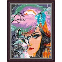 Рисунок - схема на ткани - "Девушка с кошкой"
